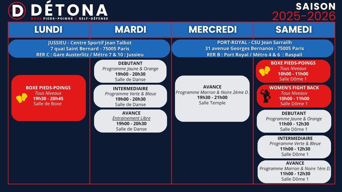 PLANNING DES COURS DÉTONA 2025-2026